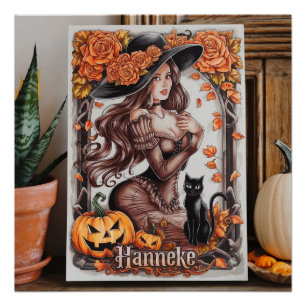 Halloween Wall Art: Frau mit schwarzem Hut und Ora Poster