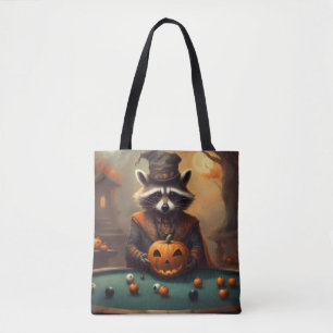 Halloween-Waschbär spielt Pool mit Apfelaugen