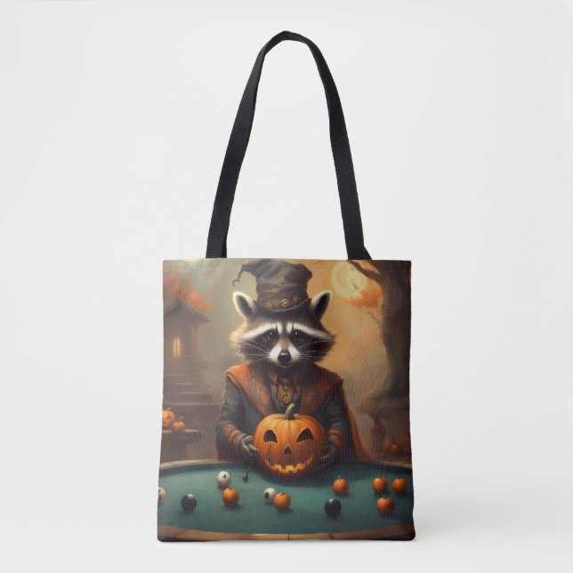 Halloween-Waschbär spielt Pool mit Apfelaugen (Vorderseite)