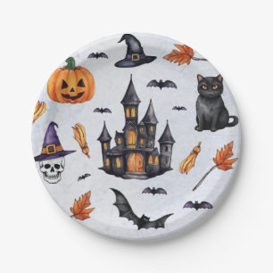 Halloween Wasserfarbe Kürbiskuschelfledermaus Patt Pappteller