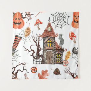 Halloween-Wasserfarbe: Muster eines verlassenen Ha Wandteppich