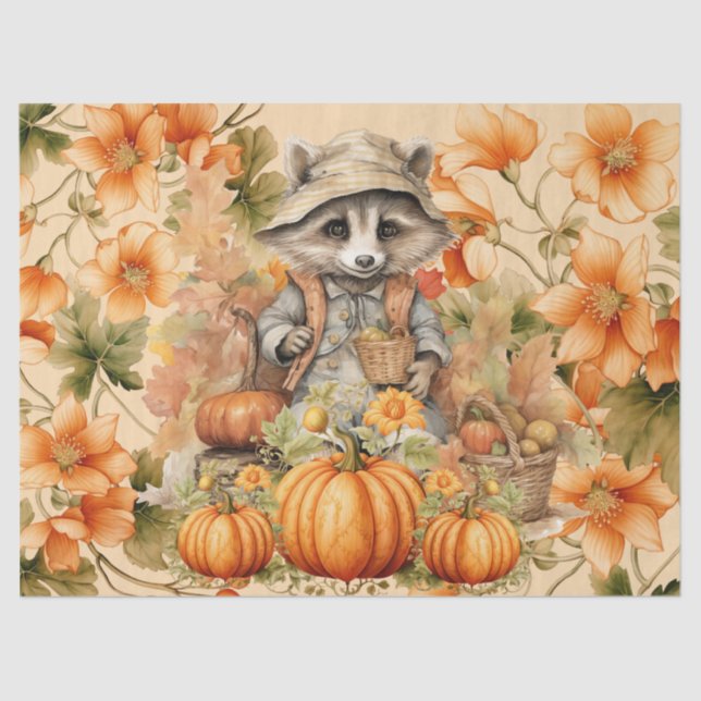 Halloween Wasserfarbe Raccoon & Pumpkins Decoupage Seidenpapier (Vorderseite)