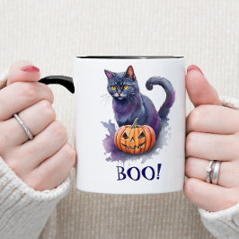 Halloween Wasserfarbe Schwarze Katze mit Kürbis Tasse