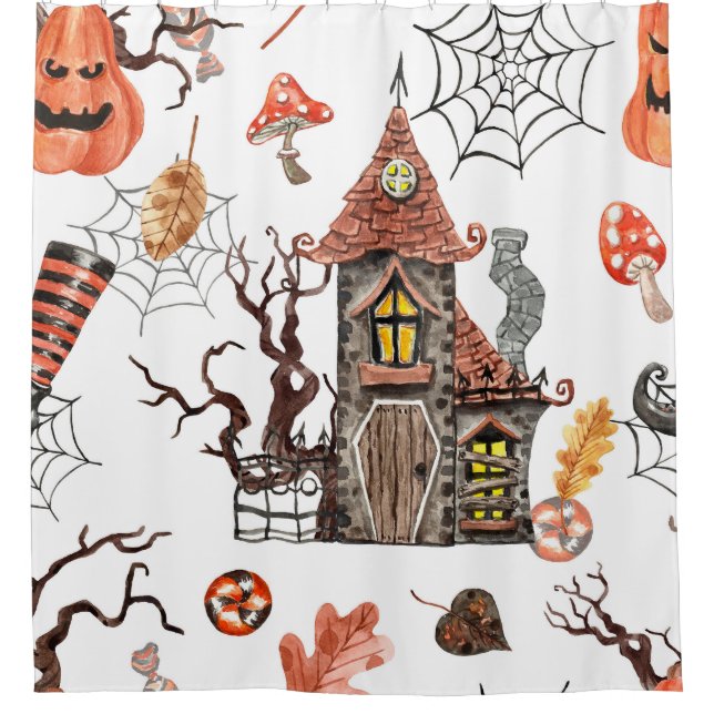 Halloween Wasserfarbe: Spuk Hausmuster. Duschvorhang (Vorderseite)