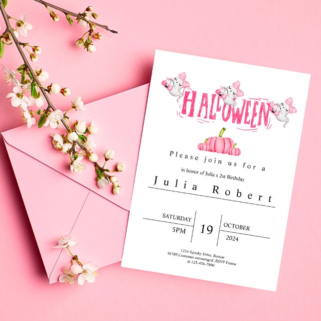 Halloween Wasserfarbenpinke Geisterkürbis Einladung (Von Creator hochgeladen)