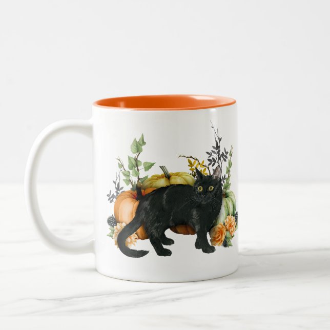 Halloween Watercolor Black Cat Pumpkin Zweifarbige Tasse (Links)