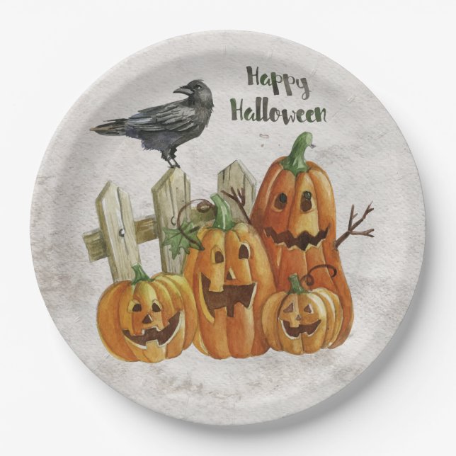 Halloween Watercolor Happy Pumpkins Pappteller (Vorderseite)