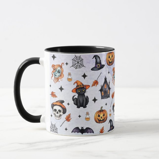 Halloween Watercolor Pumpkin Cat Skull Pattern Tasse (Links)