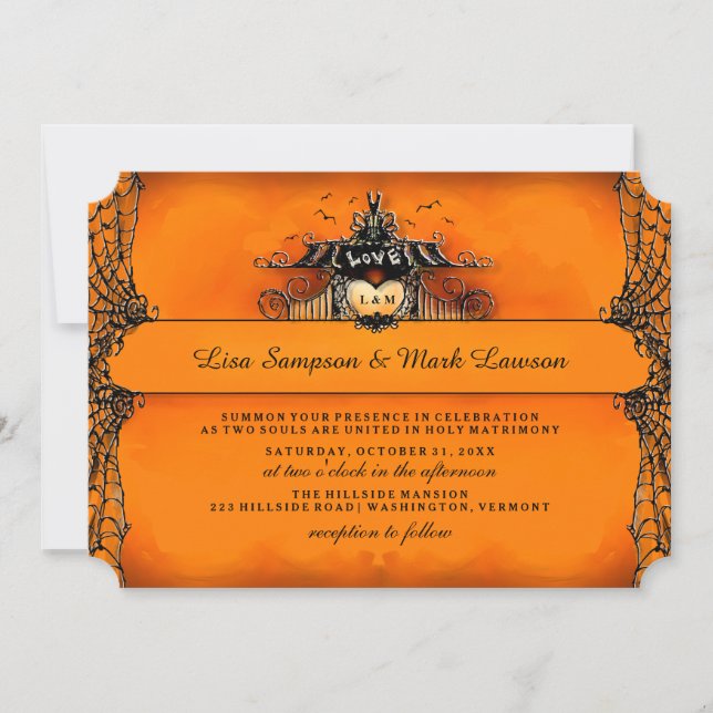 Halloween Wedite - Orange & Black Liebe Einladung (Vorderseite)