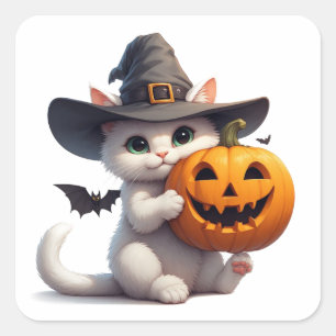 Halloween Weißes Kätzchen Jack O Lantern Kürbis 🦇 Quadratischer Aufkleber