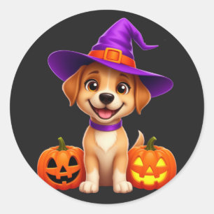 Halloween-Welpe in Hexenhut mit Kürbis 🎃 Runder Aufkleber