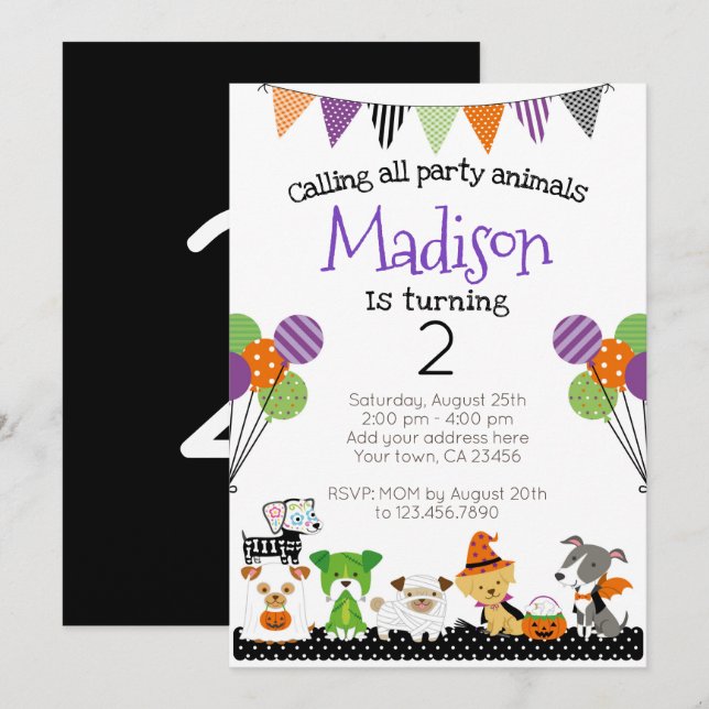 Halloween-Welpen - Einladung zum Geburtstag (Vorne/Hinten)