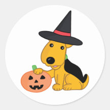 Halloween Welpenhund in Hexenhut w Pumpkin Sticker
