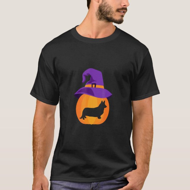 Halloween Welsh Corgi Kürbis Hexenhut T-Shirt (Vorderseite)