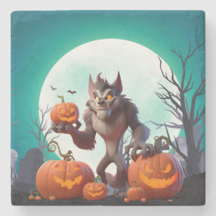 Halloween Werwolf und Kürbis Steinuntersetzer