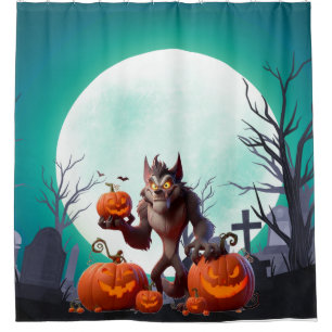 Halloween-Werwolf und Kürbisse Duschvorhang