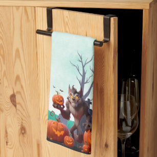 Halloween-Werwolf und Kürbisse Geschirrtuch
