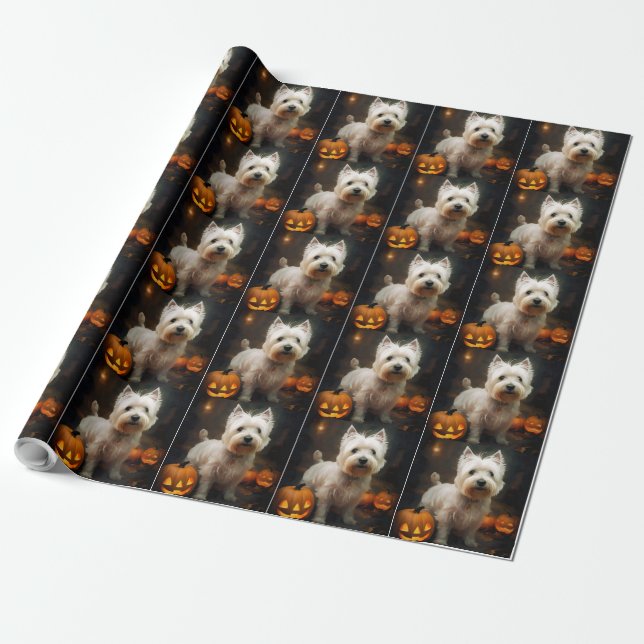 Halloween West Highland White Terrier Pumpkins Geschenkpapier (Ungerollt)