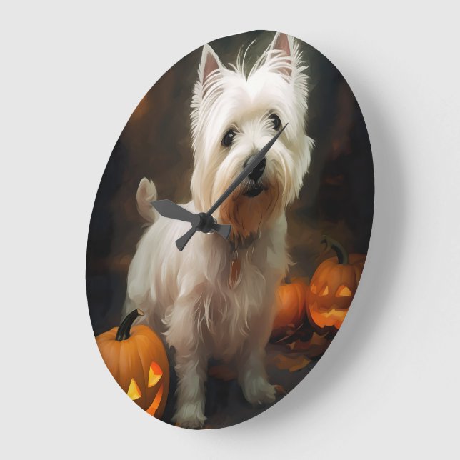 Halloween West Highland White Terrier Pumpkins Große Wanduhr (Winkel)