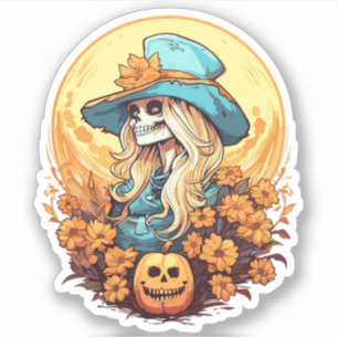 Halloween Western Cowgirl Skeleton Floral Pumpkin Aufkleber