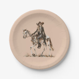Halloween Western Cowgirl Skeleton Horse Pappteller