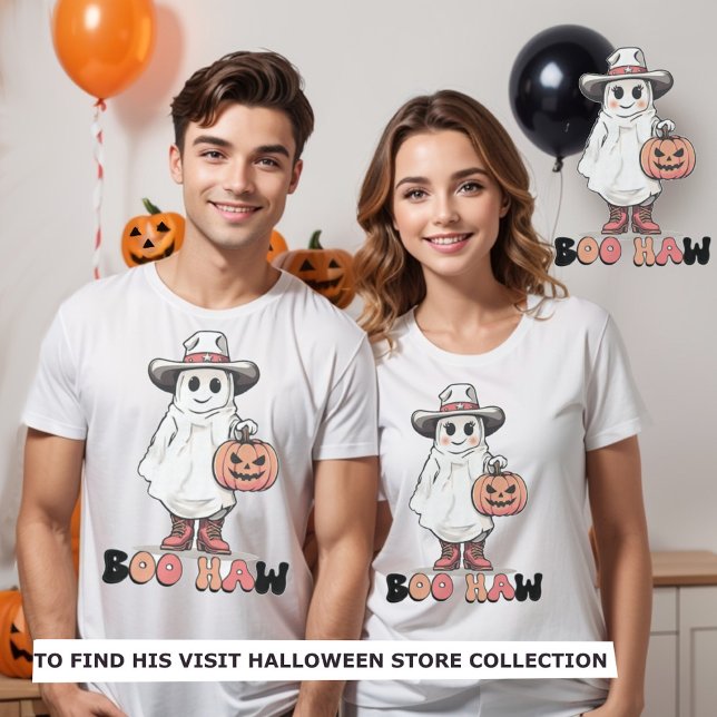 Halloween-Western-Cowgirl T-Shirt (Couples matching halloween  t-shirt cowboy & cowgirl ghost design. Boo Haw.)
