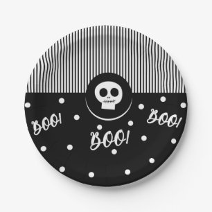 Halloween Whimsical Boo Skull Black & White Party Pappteller