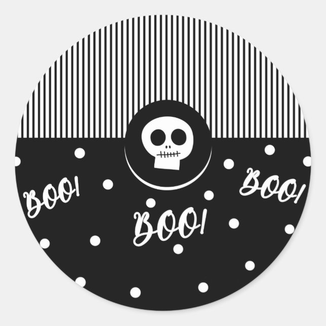 Halloween Whimsical Boo Skull Black & White Party Runder Aufkleber (Vorderseite)