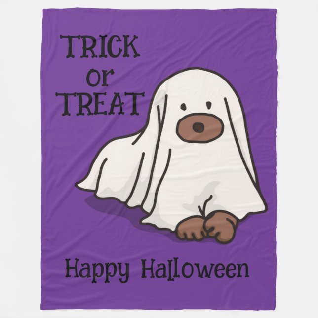 Halloween Whimsical Niedlich Ghost Dog Lila Fleecedecke (Vorderseite)