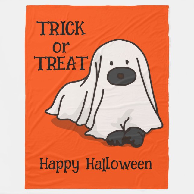 Halloween Whimsical Niedlich Ghost Dog Orange Fleecedecke (Vorderseite)