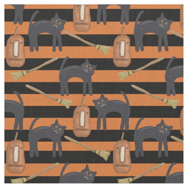 Halloween Whimsical Stripes, Katzen, Kürbisgewebe Stoff (Nahaufnahme)