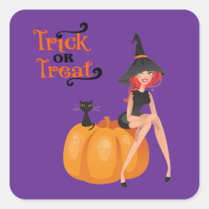 Halloween Whimsical Süße Hexe Kürbis Lila Quadratischer Aufkleber