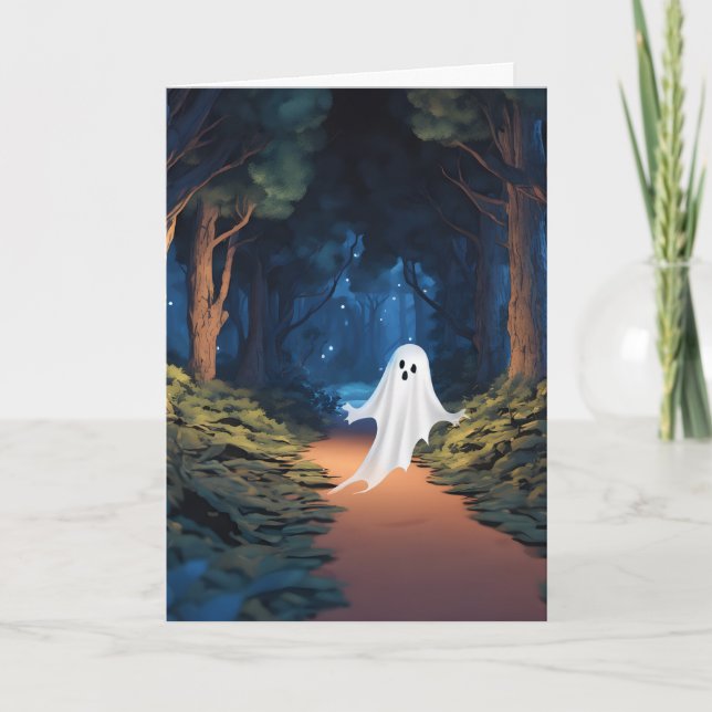Halloween White Ghost in Wald Feiertagskarte (Vorderseite)