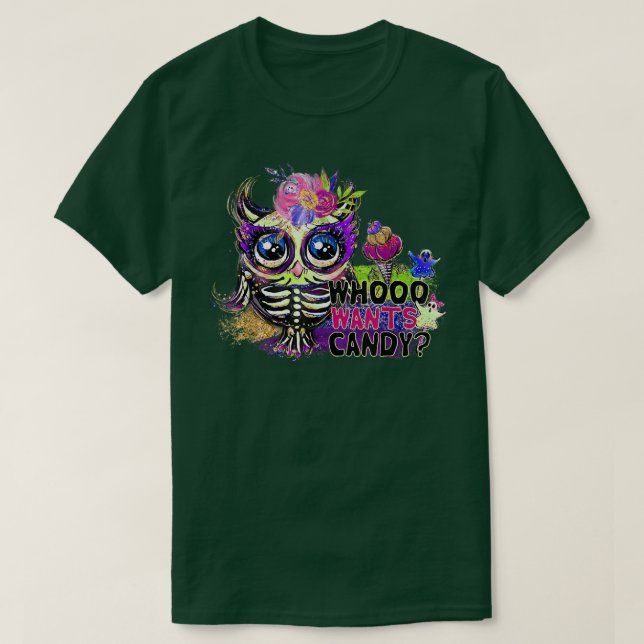 Halloween Whoo Will Candy Gothic Skeleton Flo T-Shirt (Design vorne)