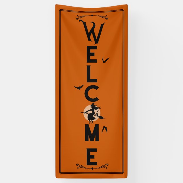 Halloween Willkommen | Länge der orangen Hexentüre Banner (Vertikal)
