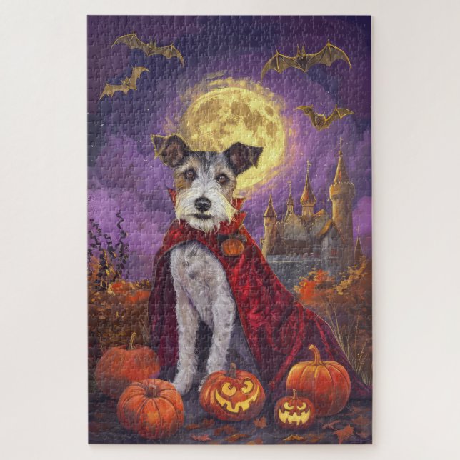 Halloween Wirefox Terrier Vampire Pumpkins Beängst Puzzle (Vertikal)
