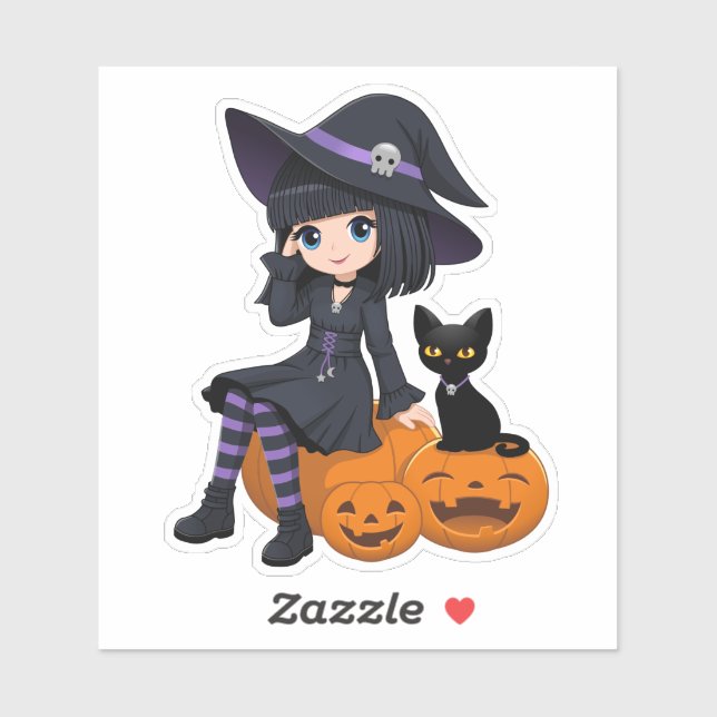 Halloween Witch, Black Cat, and Curved Pumpkins Aufkleber (Blatt)