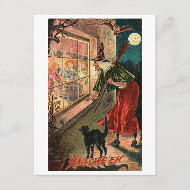 Halloween Witch, Cat Staring in Window Postkarte (Vorderseite)