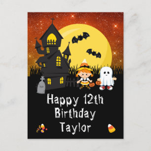 Halloween Witch Ghost Orange Happy Birthday Postkarte