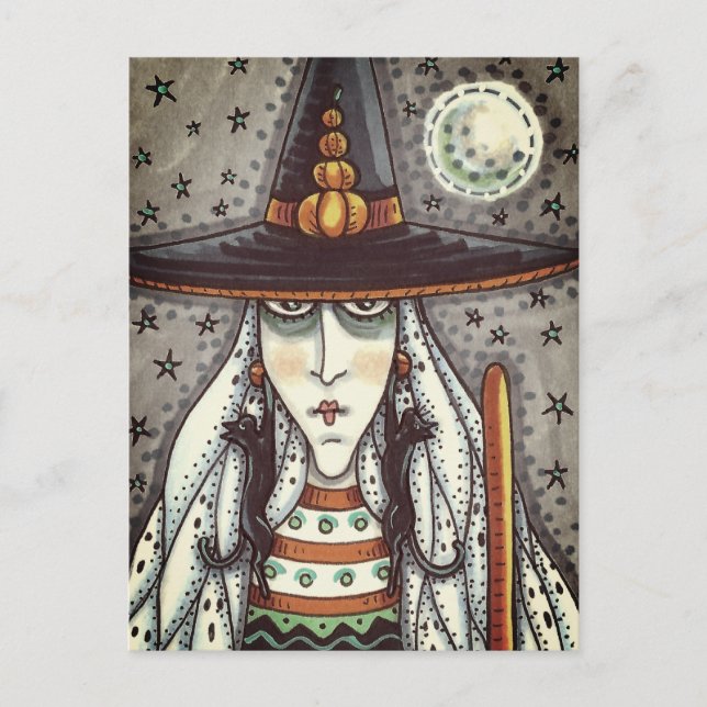 HALLOWEEN WITCH, GHOSTS, SCHWARZE KATZERRINDER POSTKARTE (Vorderseite)