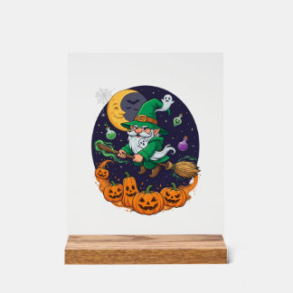 Halloween Witch Gnome Broomstick Pumpkins Moon Acrylschild