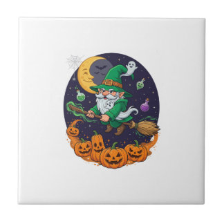 Halloween Witch Gnome Broomstick Pumpkins Moon Fliese