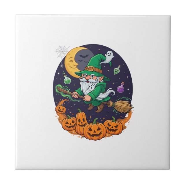 Halloween Witch Gnome Broomstick Pumpkins Moon Fliese (Vorderseite)