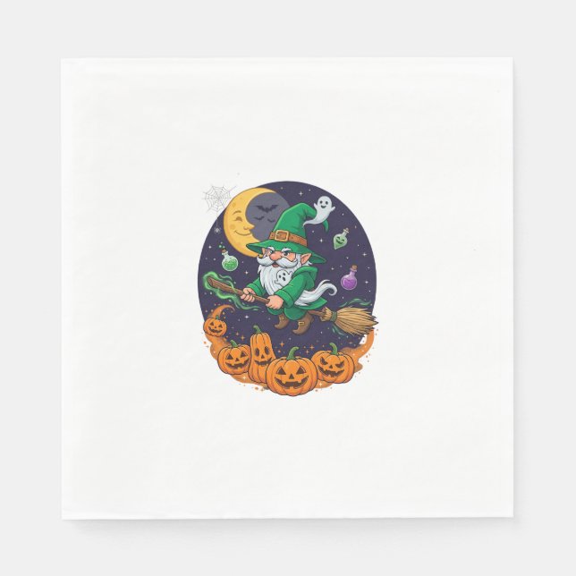 Halloween Witch Gnome Broomstick Pumpkins Moon Serviette (Vorderseite)
