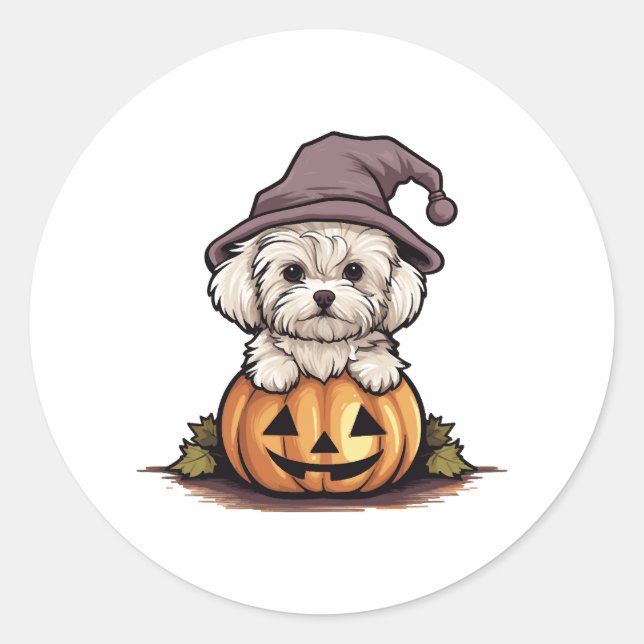 Halloween Witch Hat Pumpkin Dog Maltese Runder Aufkleber (Vorderseite)