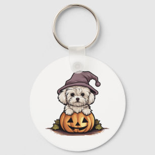 Halloween Witch Hat Pumpkin Dog Maltese Schlüsselanhänger
