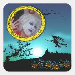 Halloween Witch, Jack o' Lanterns, Foto von Frame Quadratischer Aufkleber