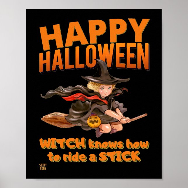 "HALLOWEEN WITCH RIDES STICK" lustig Poster (Vorne)