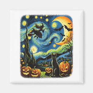Halloween Witch Van Gogh Starry Night Black Cat Pu Magnet