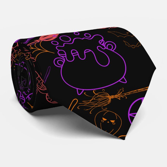 Halloween Witchcraft Muster Neon 01 Black BG Krawatte (Gerollt)